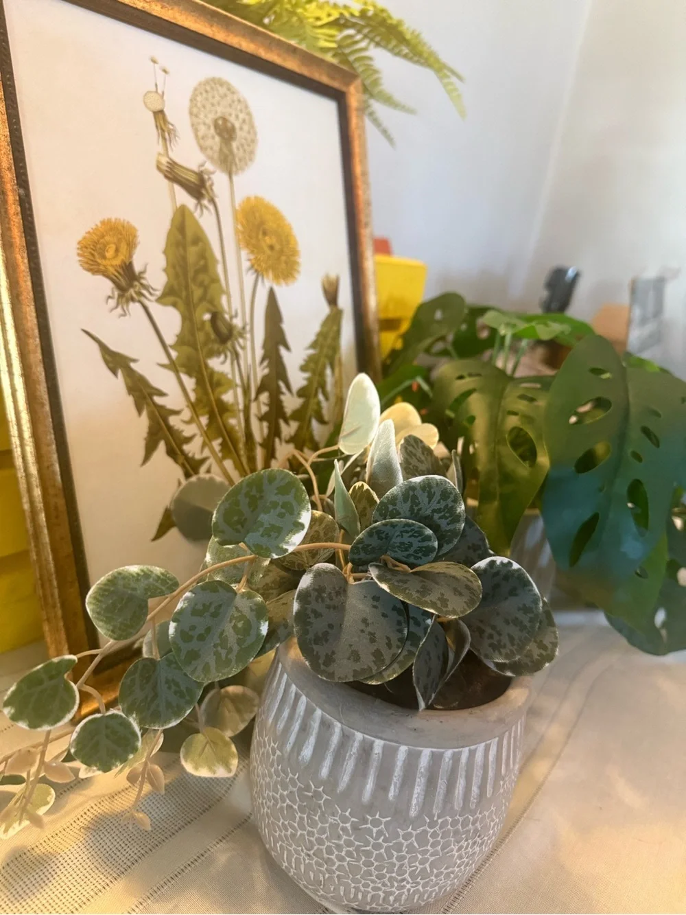 2 Fake Plants  + Painting Set of Dandelion Canvas Art + 2 Faux Greenery Plants